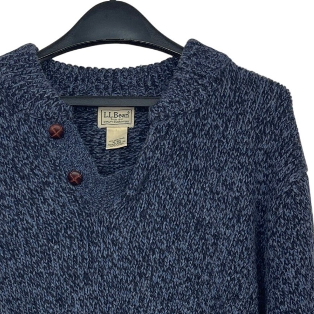 LL Bean Mens XL 100% LAMBSWOOL Chunky Mock Neck Henley Sweater Blue Marled